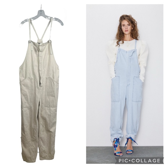 Zara Beige Denim Jumpsuit Large Relaxed Fit Pockets - Picture 1 of 11